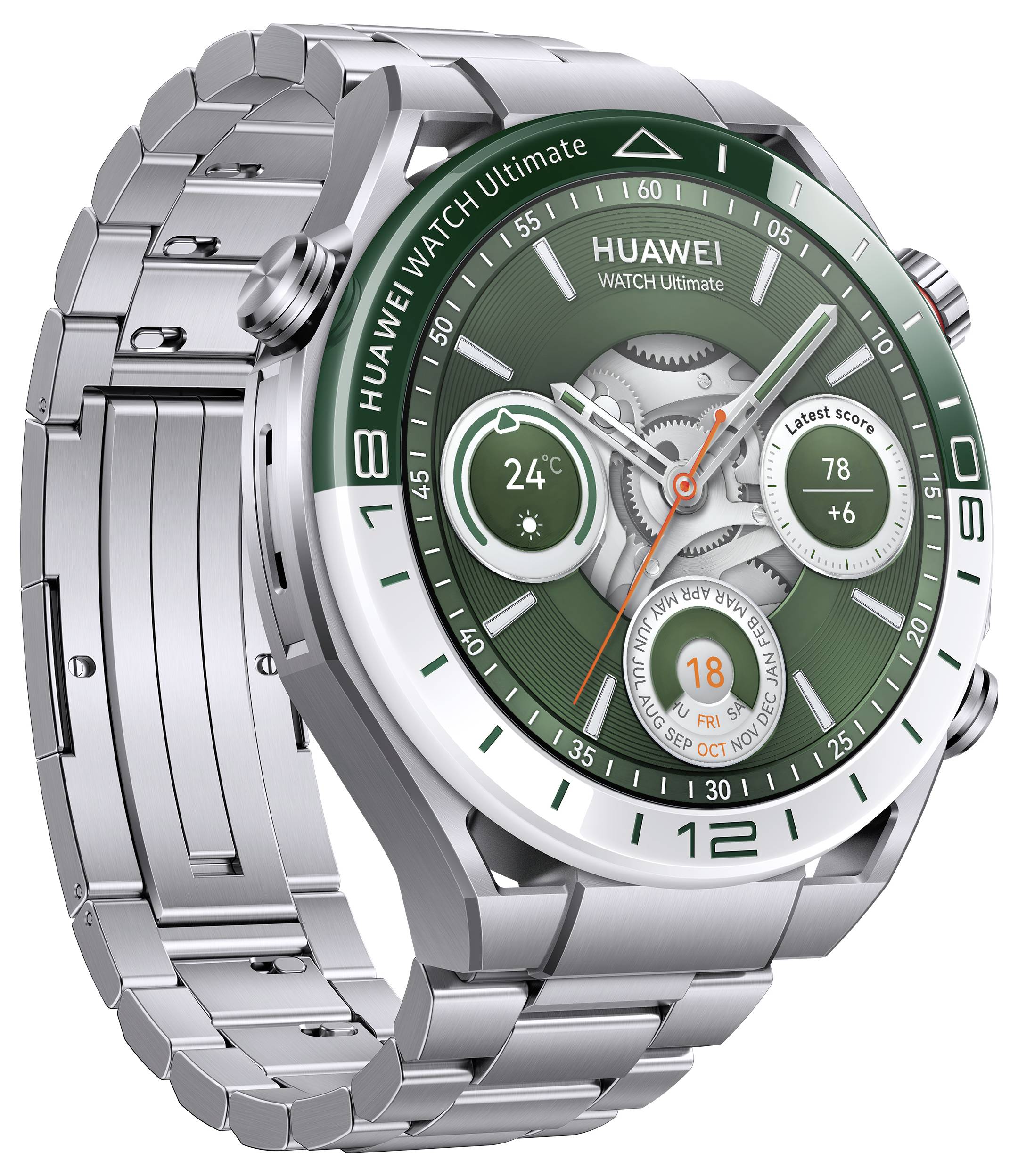 Eine silberne Huawei-Uhr mit grünem Zifferblatt zeigt Temperatur '24°C', Herzfrequenz '78' und Schrittzahl an.