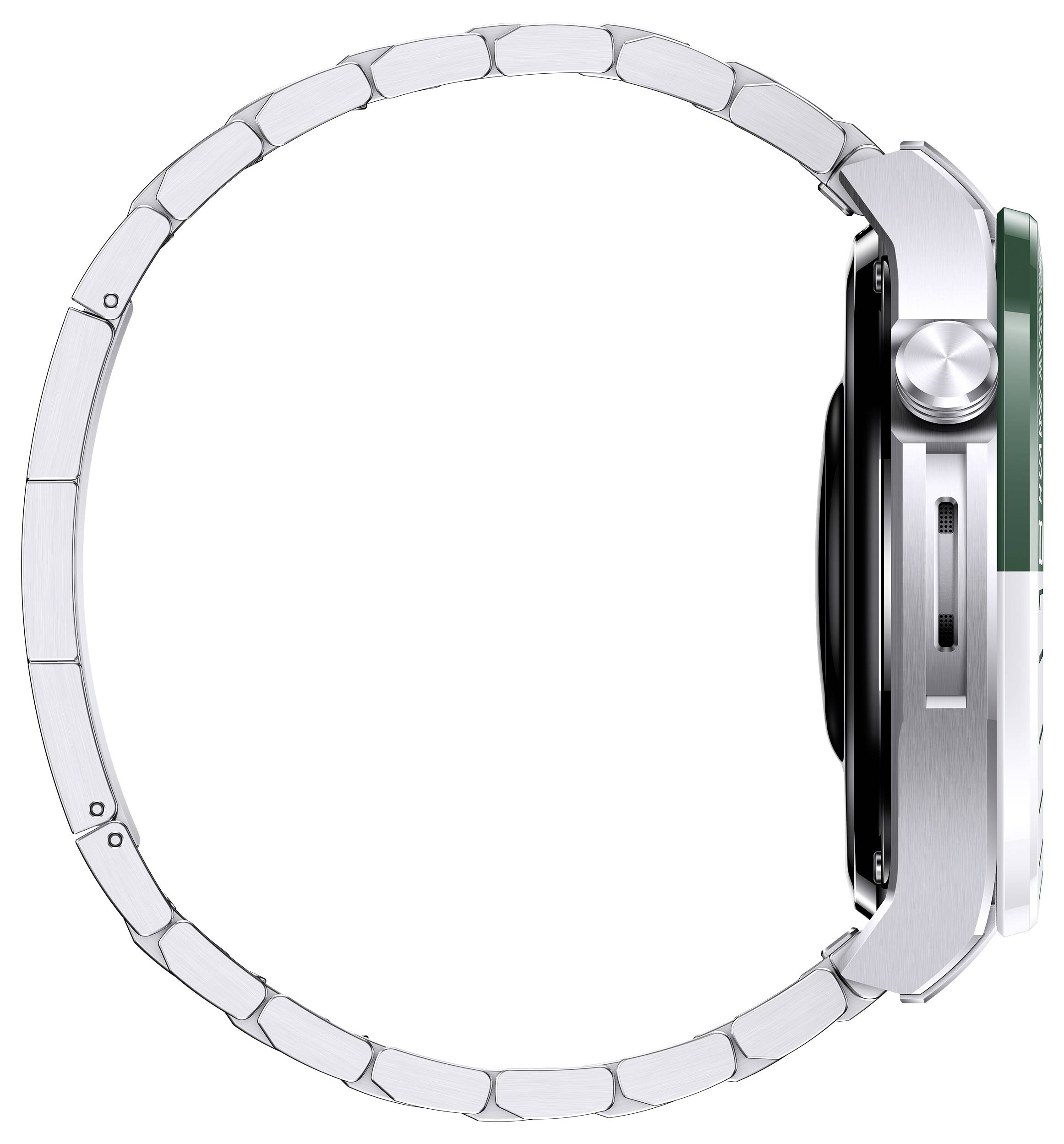 Silberne Armbanduhr von der Seite gezeigt, betont massives Gehäuse und Gliederarmband. Rechter Knopf und grün abgesetzte Lünette sichtbar.