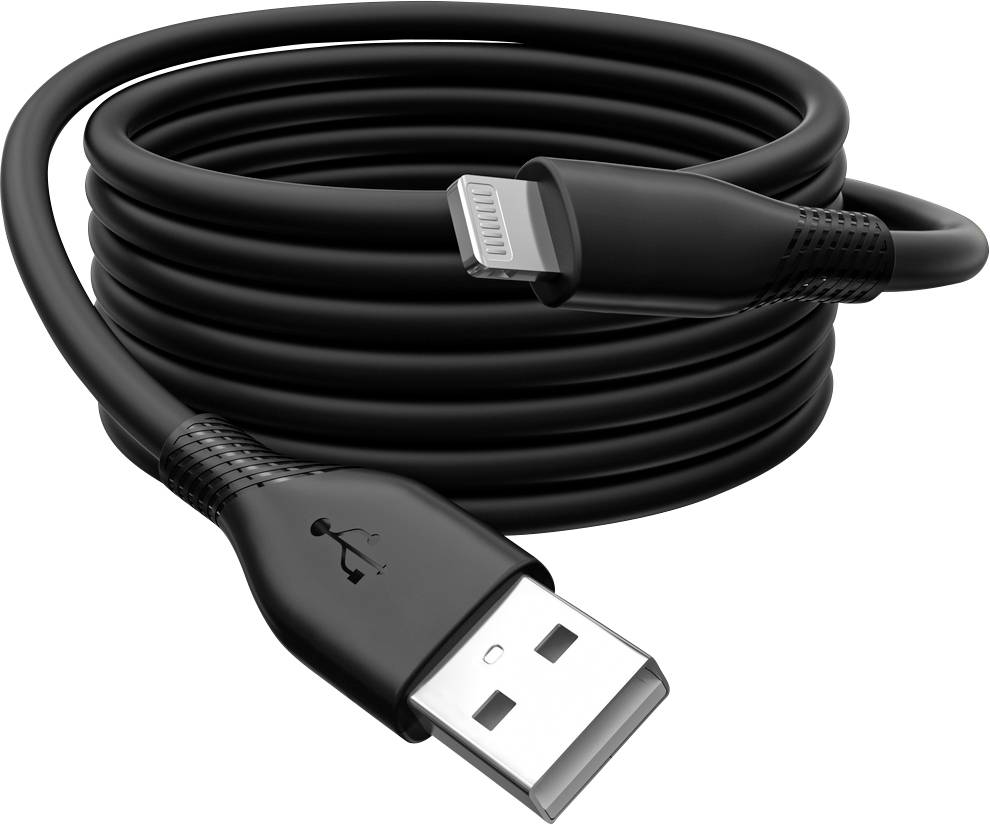 Ein schwarzes USB-Kabel mit einem USB-A-Stecker auf der einen und einem Lightning-Stecker auf der anderen Seite.