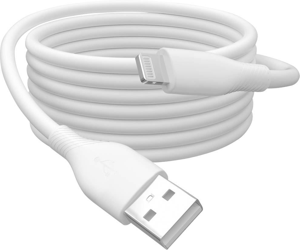 Ein weißes USB-Kabel mit einem Standard-USB-Stecker auf der einen Seite und einem Lightning-Stecker auf der anderen, aufgerollt.