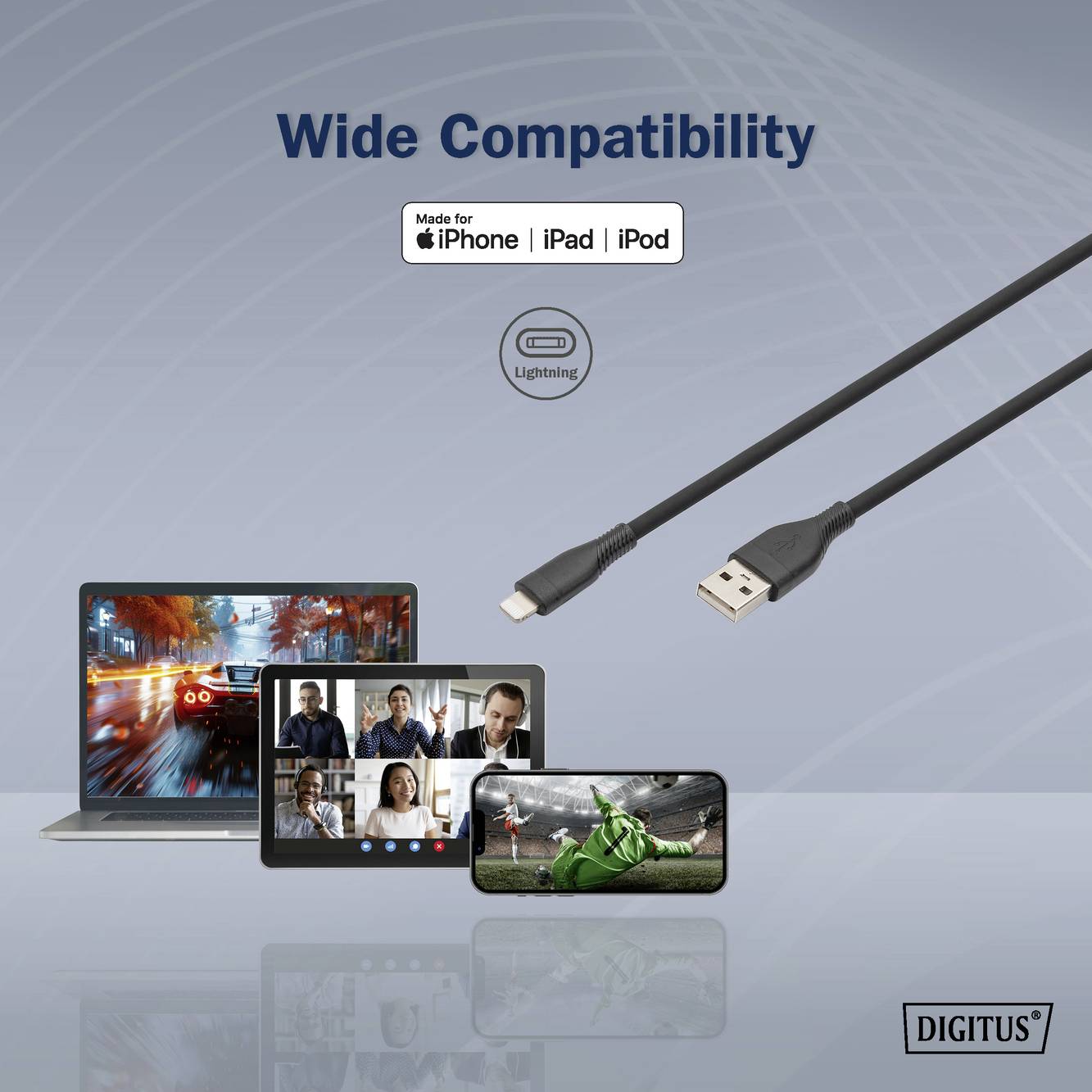 USB-Kabel mit Lightning-Anschluss kompatibel mit iPhone, iPad, iPod. Bilder: Laptop, Tablet mit Videokonferenz, Smartphone mit Film.