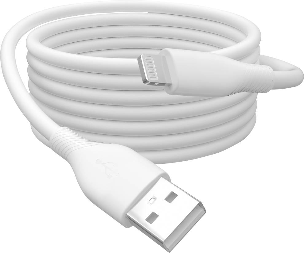 Weißes USB-Ladekabel, aufgerollt, mit USB-A-Stecker und Lightning-Anschluss. Hauptsächlich für Apple-Geräte verwendet.