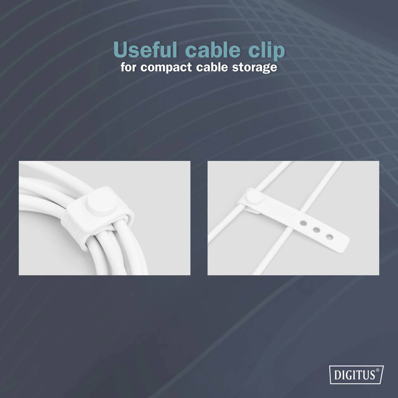 Nützlicher Kabelclip zur kompakten Kabelaufbewahrung. Zwei Bilder von weißen Clips, die Kabel organisiert halten.
