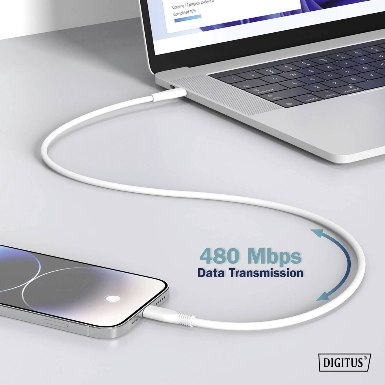 Ein Smartphone ist mit einem Laptop verbunden. Ein Kabel zeigt die Datenübertragungsrate von 480 Mbps zwischen den Geräten an.