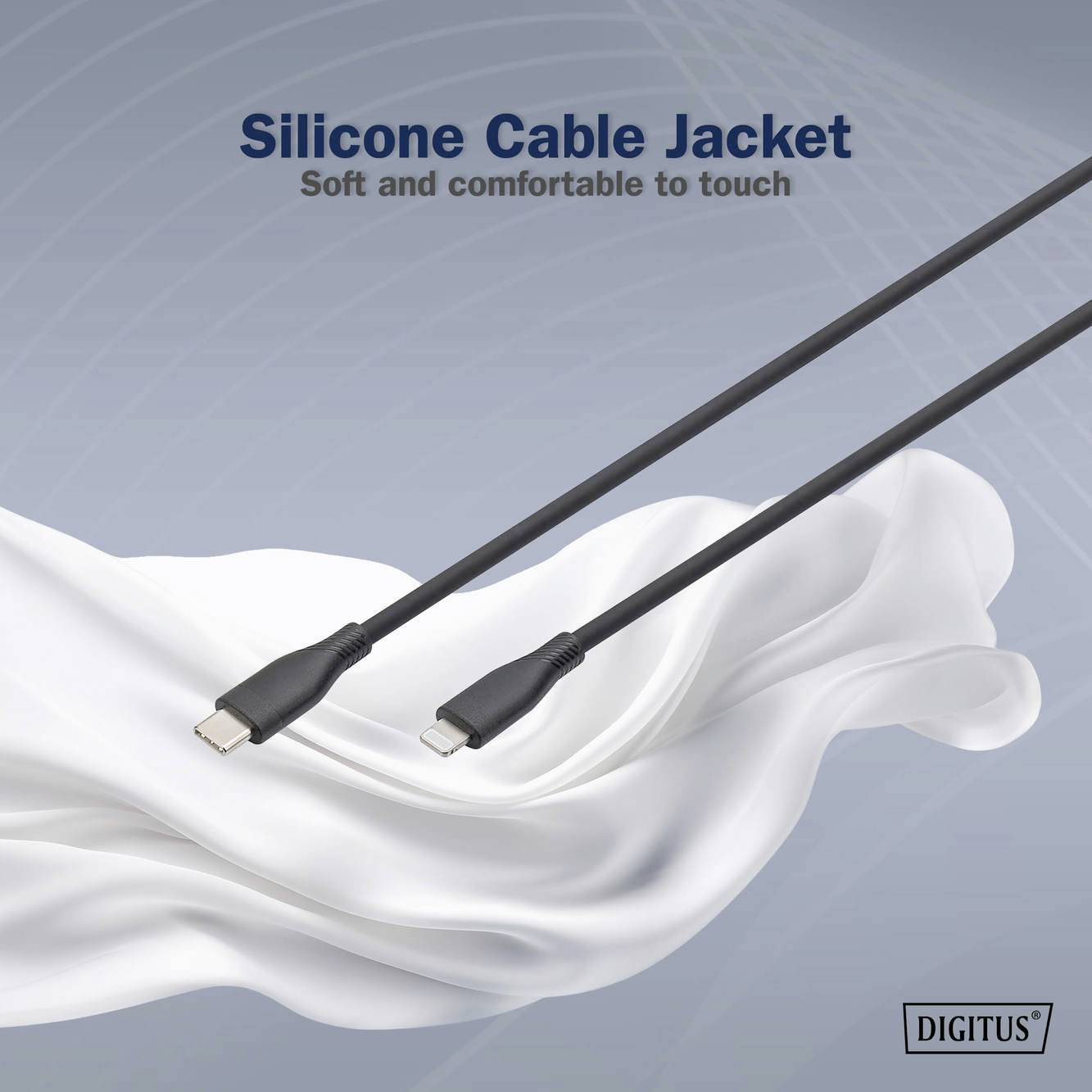 Ein USB-Kabel mit Silikonummantelung auf einem weißen Hintergrund. Text: 'Silicone Cable Jacket. Soft and comfortable to touch.'