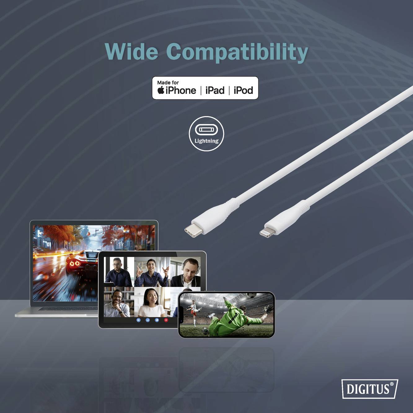 Ein Lightning-Kabel kompatibel mit Apple-Geräten wie iPhone, iPad, iPod. Abgebildet sind Laptops und Tablets in Nutzung. Markenname: Digitus.