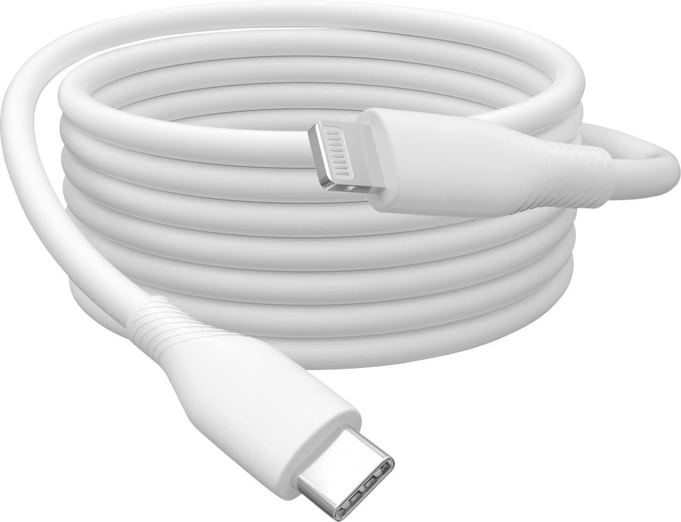 Ein weißes, aufgerolltes Ladekabel mit USB-C-Stecker an einem Ende und einem Lightning-Anschluss am anderen Ende.