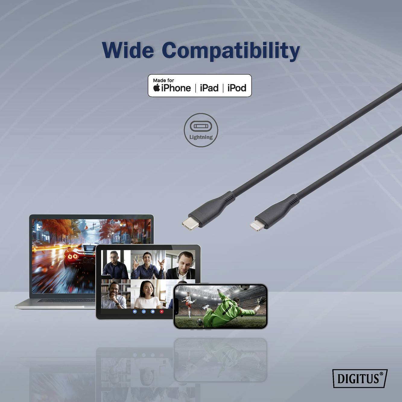 Kompatibilitätsanzeige für iPhone, iPad, iPod mit Lightning-Kabel. Abgebildete Geräte: Laptop, Tablet, Smartphone mit Videos.