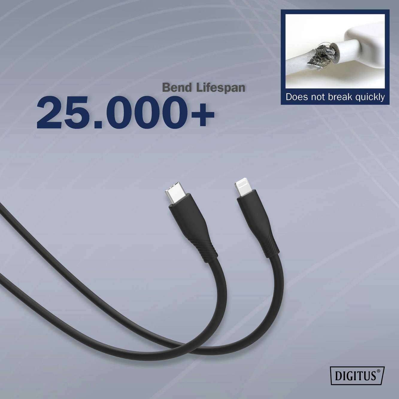 USB-C- und Lightning-Kabel mit 'Bend Lifespan 25.000+' Text, Herstellername Digitus. Zeigt verbesserte Bruchfestigkeit.