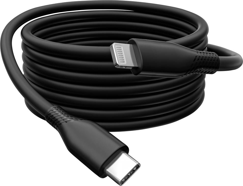 Ein schwarzes USB-C-auf-Lightning-Ladekabel, kompakt aufgerollt, beide Anschlüsse sichtbar.