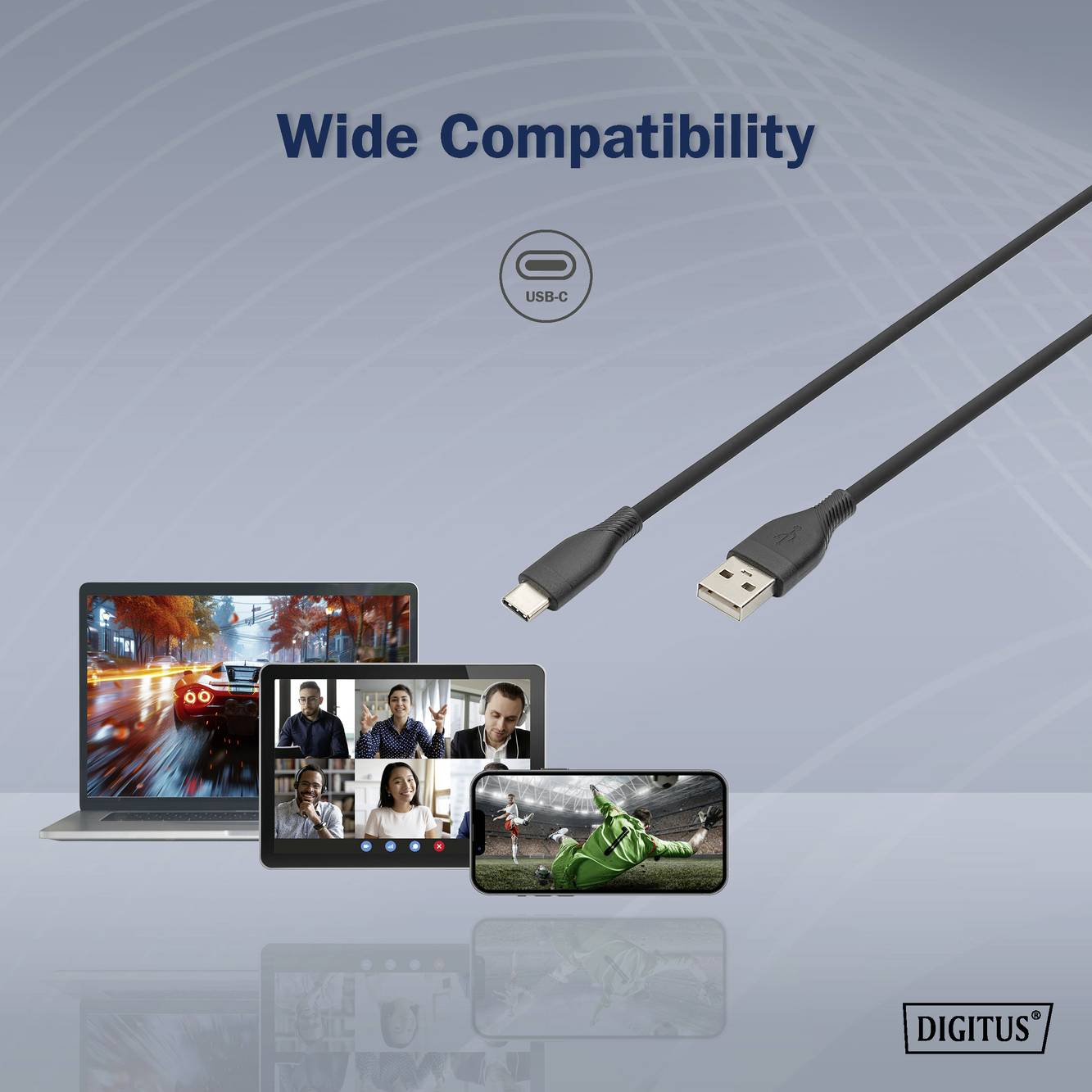 USB-C-Kabel, das mit Laptop, Tablet und Smartphone kompatibel ist, dargestellt durch drei Geräte mit unterschiedlichen Bildschirmbildern.