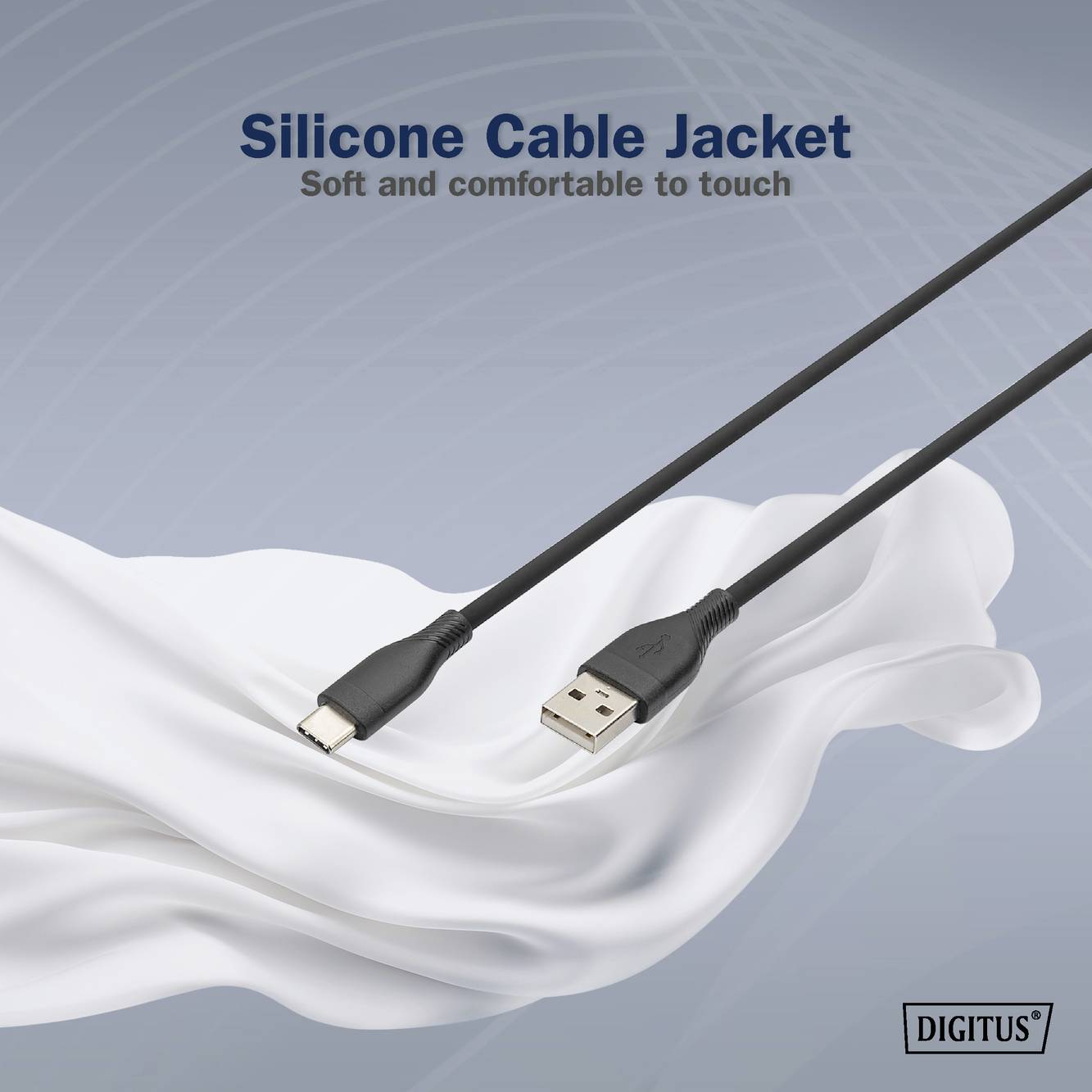 Das Bild zeigt ein USB-Kabel mit 'Silicone Cable Jacket', das auf einem weichen, weißen Stoff liegt. Text erklärt es als weich und angenehm zu berühren.