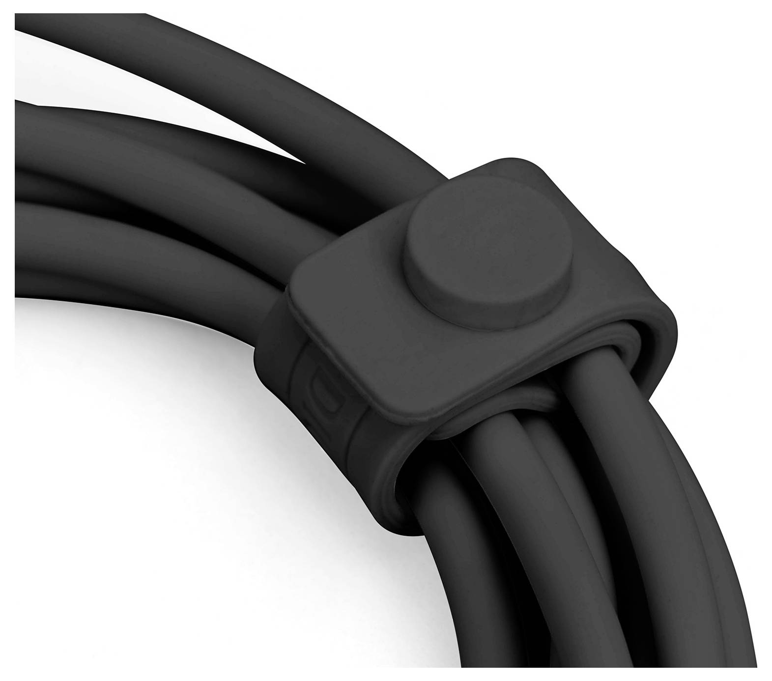 Ein schwarzes Kabel mit einem Magnetverschluss, das ordentlich zusammengewickelt ist.