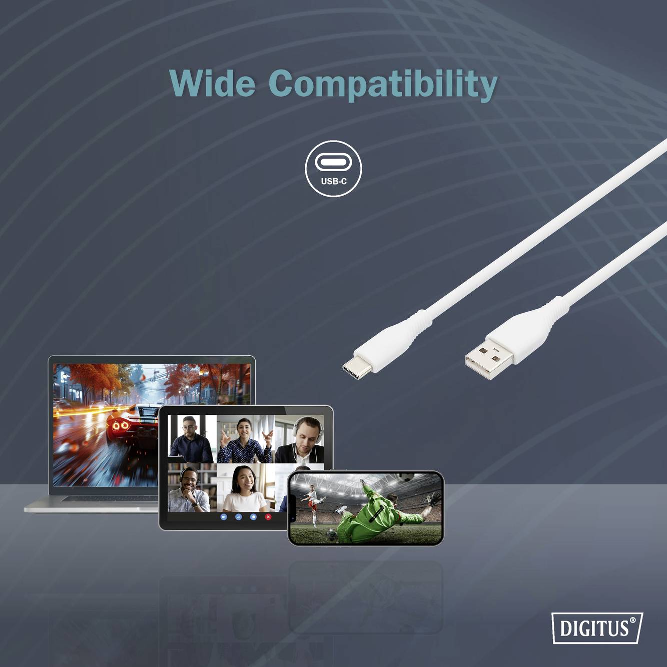 USB-C Adapterkabel kompatibel mit Laptop, Tablet und Smartphone. Text: 'Wide Compatibility'. Markenname unten rechts.