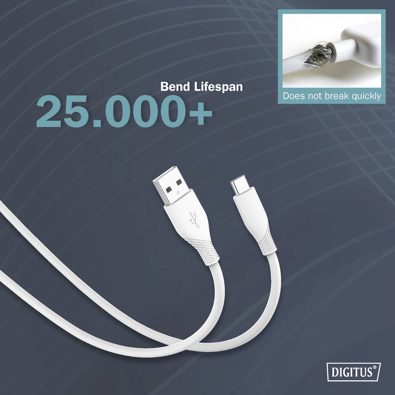 Das Bild zeigt ein robustes USB-Kabel mit der Aufschrift '25.000+ Biegungsdauer', das eine hohe Lebensdauer verspricht.
