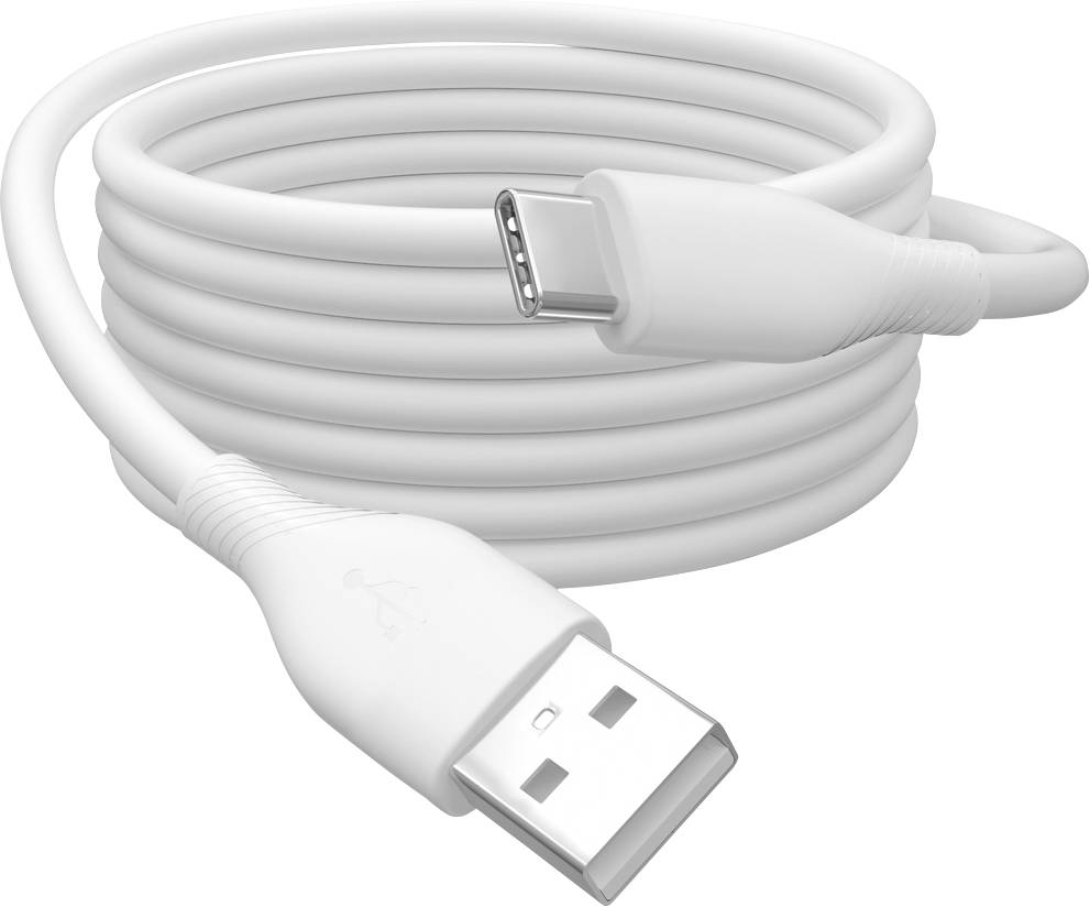 Ein weißes USB-Kabel, aufgerollt, mit einem USB-A- und einem USB-C-Stecker, geeignet zum Verbinden und Laden von Geräten.