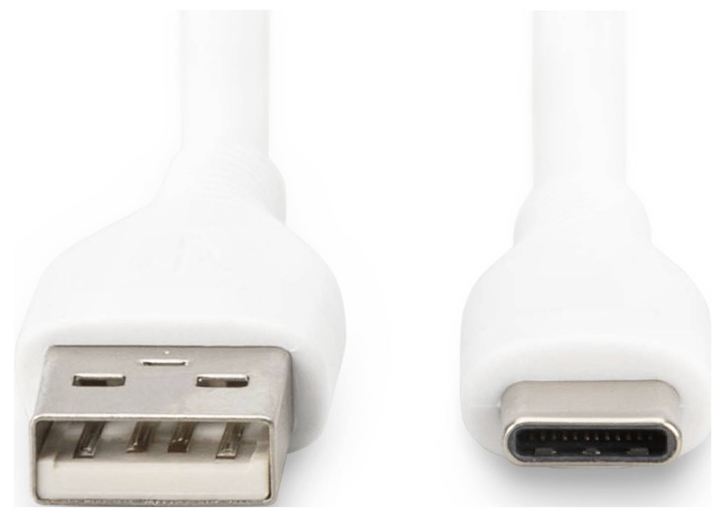Ein weißes USB-Kabel mit USB-A-Stecker links und USB-C-Stecker rechts, seitlich abgebildet.