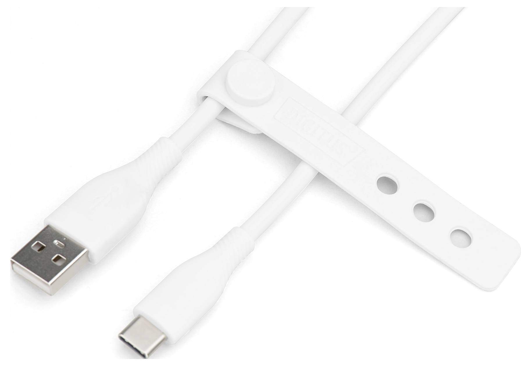 Ein weißes USB-Kabel mit USB-A- und USB-C-Anschlüssen, gesichert mit einem weißen Kabelbinder mit kleinen Löchern.