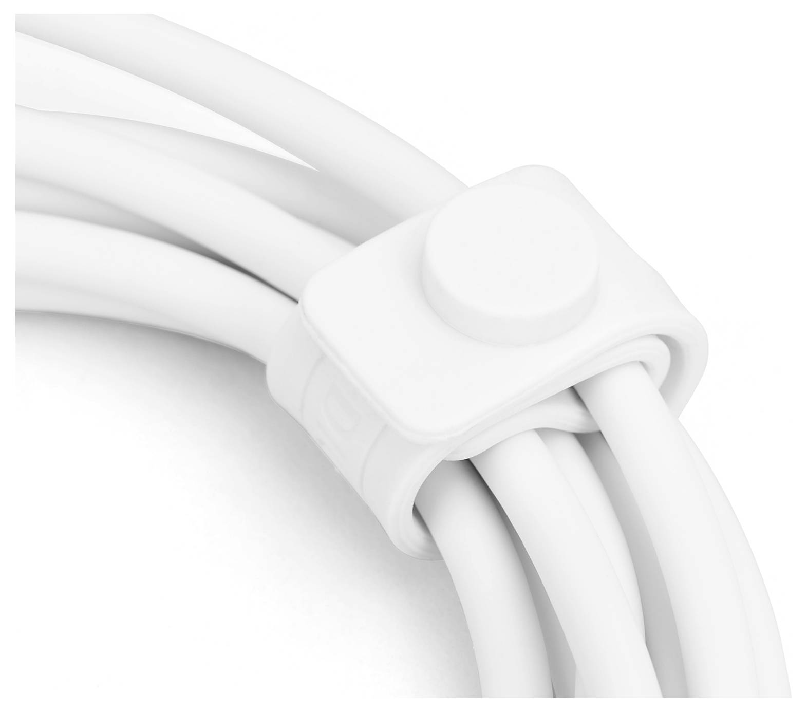 Ein weißes Kabel mit drei parallel verlaufenden Adern wird von einem weißen Kabelbinder zusammengehalten.