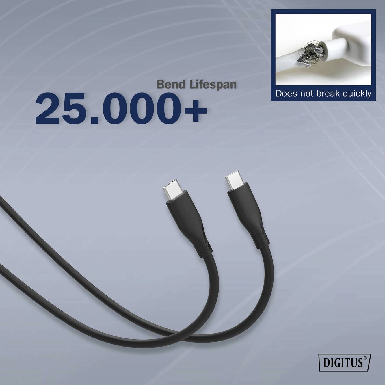 Ein schwarzes USB-Kabel mit der Beschriftung 'Bend Lifespan 25.000+' und einem Hinweisbild 'Does not break quickly'. Hintergrund ist grau mit Markenlogo.
