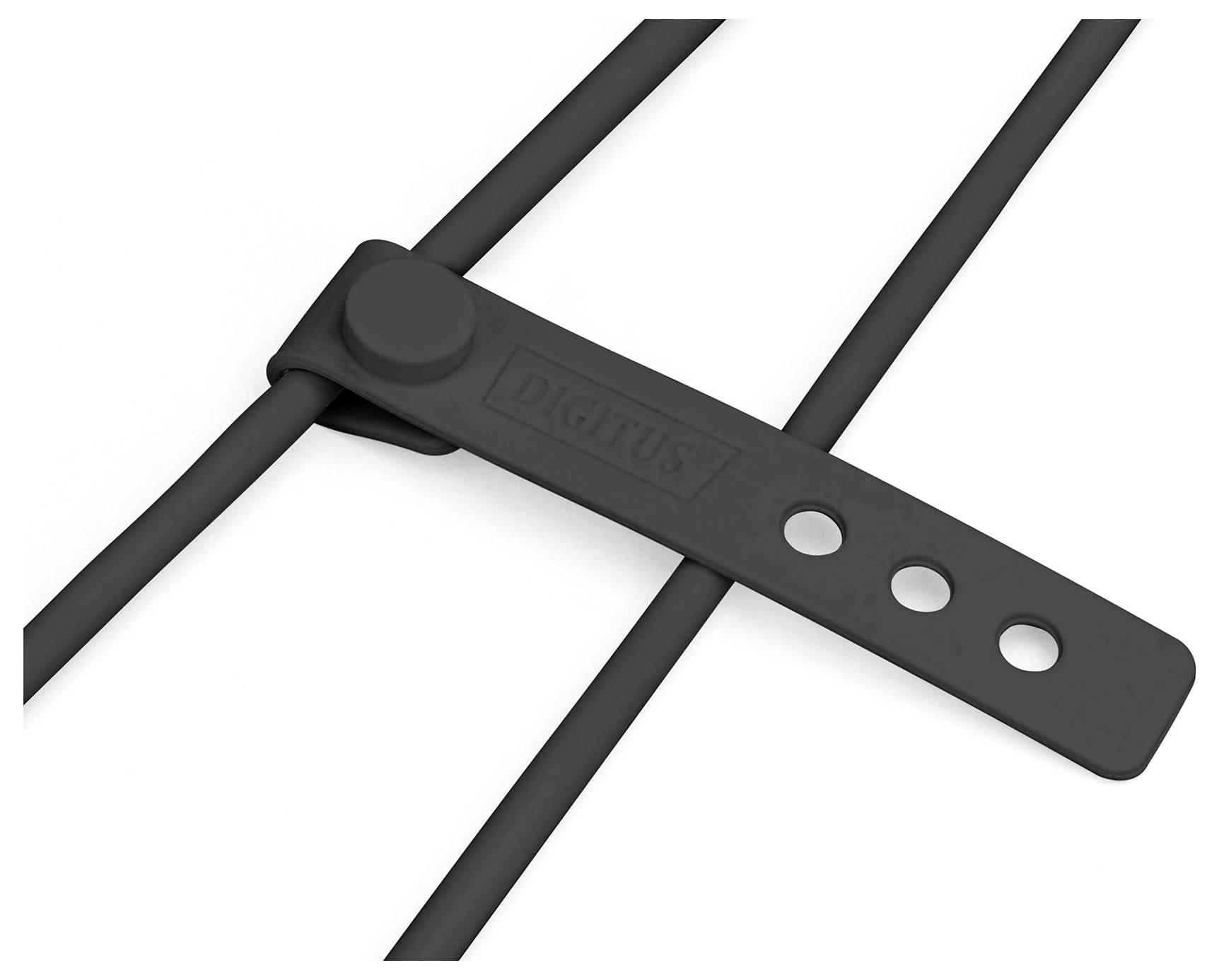 Ein schwarzer Kabelbinder fixiert zwei schwarze Kabel parallel.