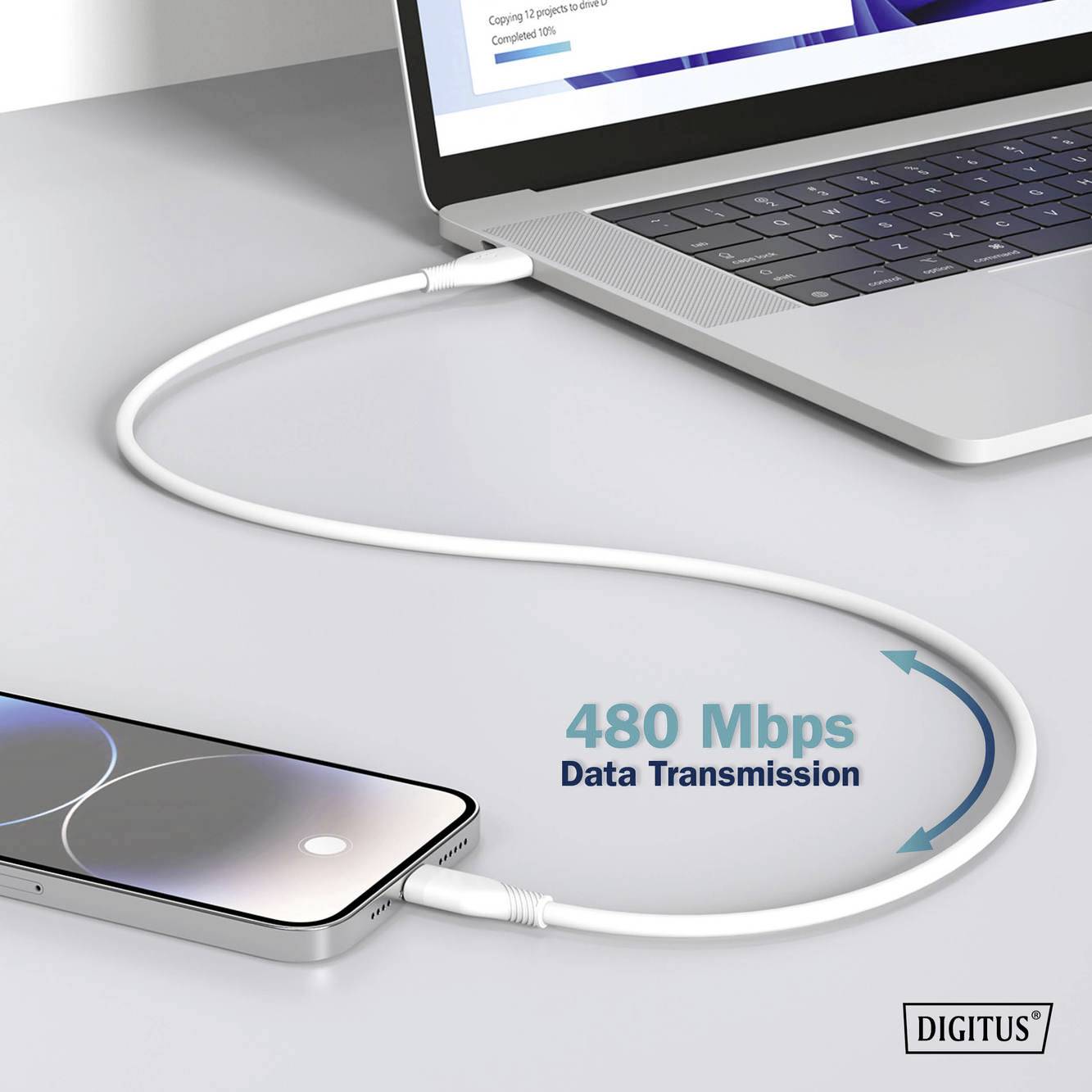 Laptop und Smartphone verbunden über ein Kabel mit Hinweis '480 Mbps Data Transmission'.