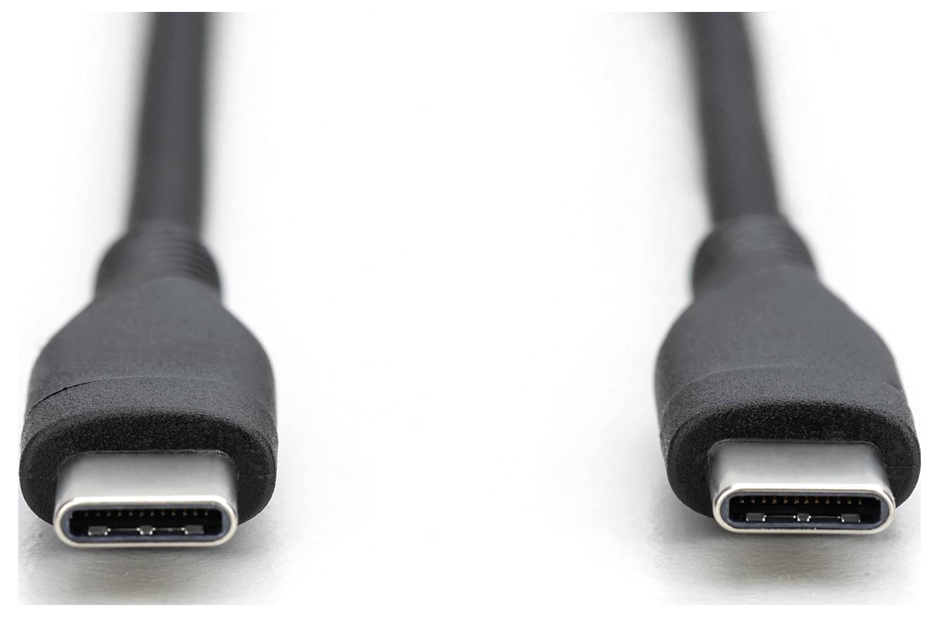 Zwei USB-C-Stecker nebeneinander, mit schwarzem Kabel.