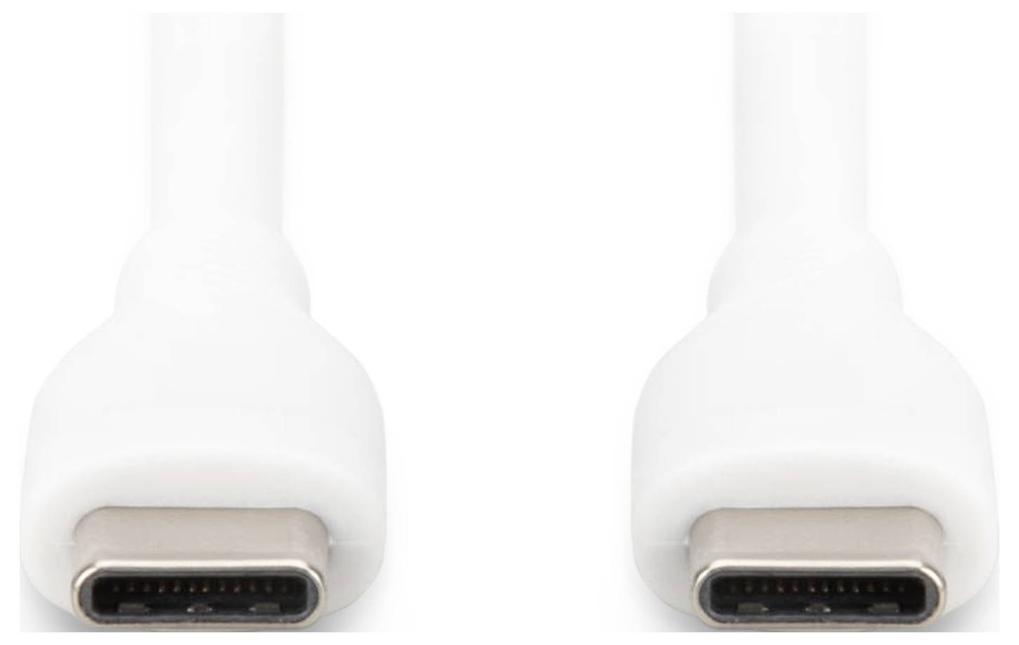 Zwei weiße USB-C-Kabelanschlüsse nebeneinander, zeigen die Öffnungen nach vorne.