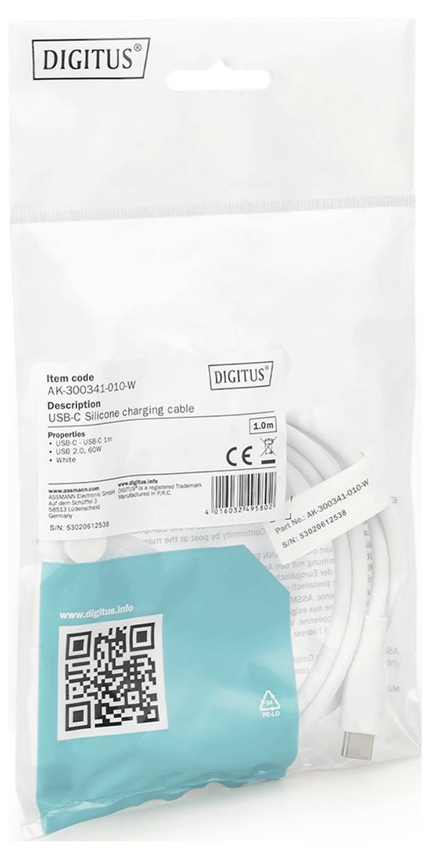 USB-C Silikon-Ladekabel in Originalverpackung mit einer Länge von 1,5 m, inklusive Hersteller- und Artikelinformationen.