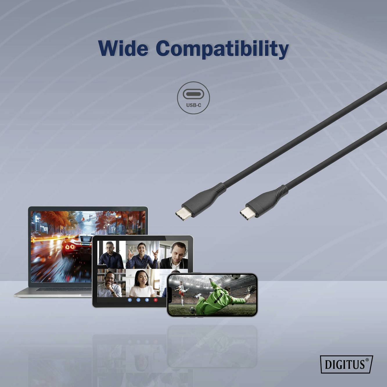 USB-C Kabel mit breiter Kompatibilität; verbindet Laptops, Tablets und Smartphones. Geeignet für Videoanrufe und Medienwiedergabe.