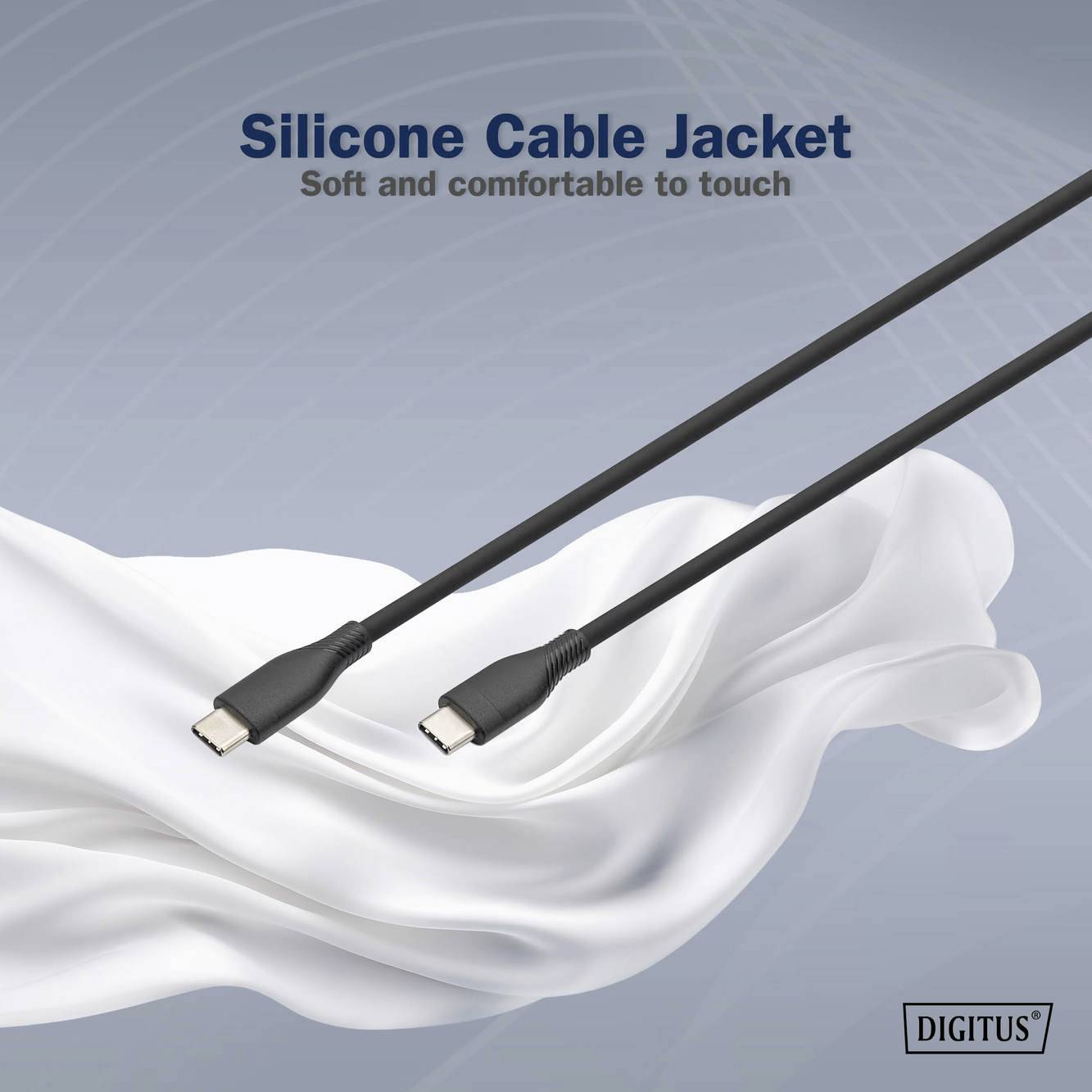 Zwei USB-C-Kabel mit Silikonummantelung, dargestellt auf weißem, gewelltem Stoff. Text: Silikonummantelung, weich und bequem zu berühren.