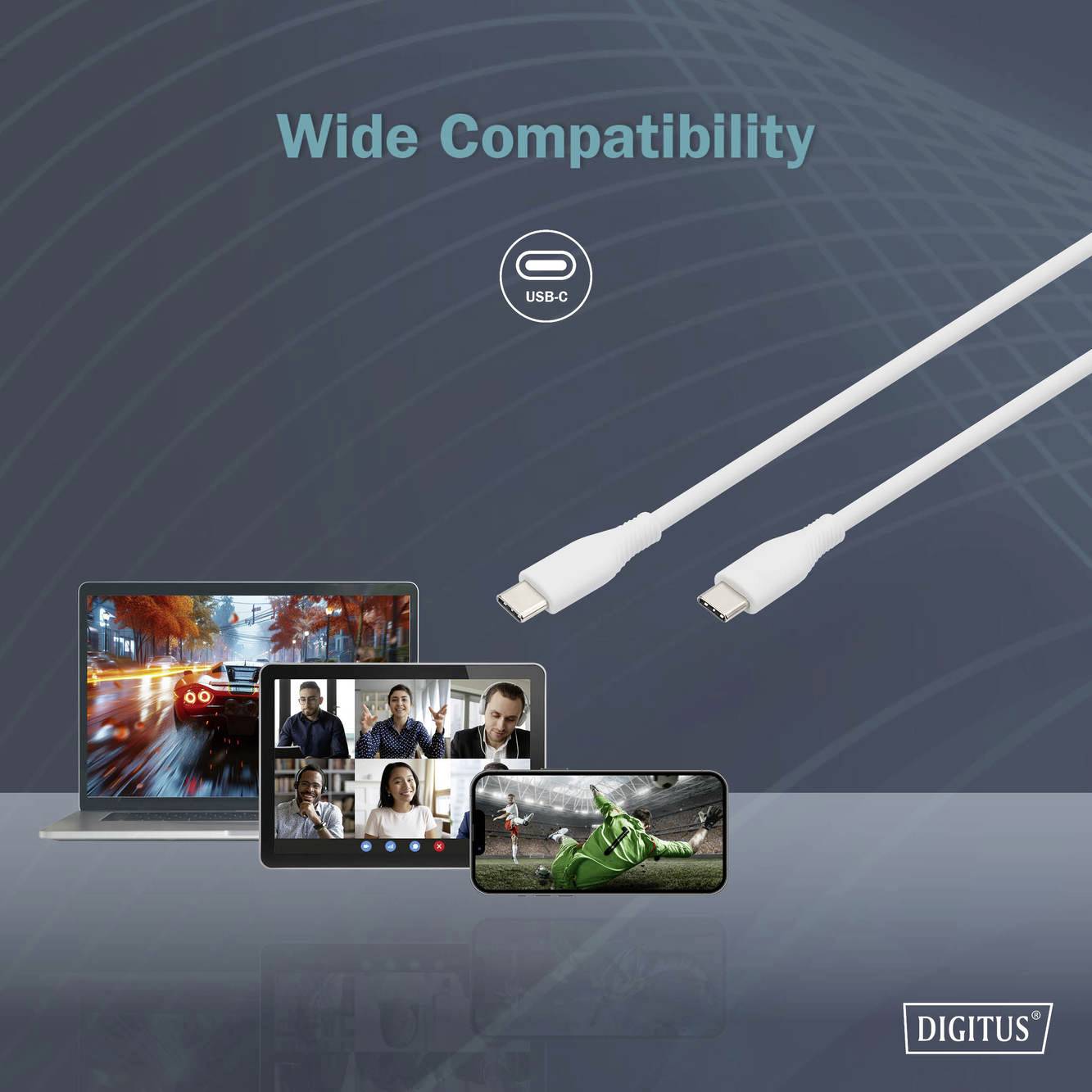 Zwei USB-C-Kabel oben rechts, darunter ein Laptop und zwei Tablets mit aktivierten Bildschirmen. Text: 'Wide Compatibility'.