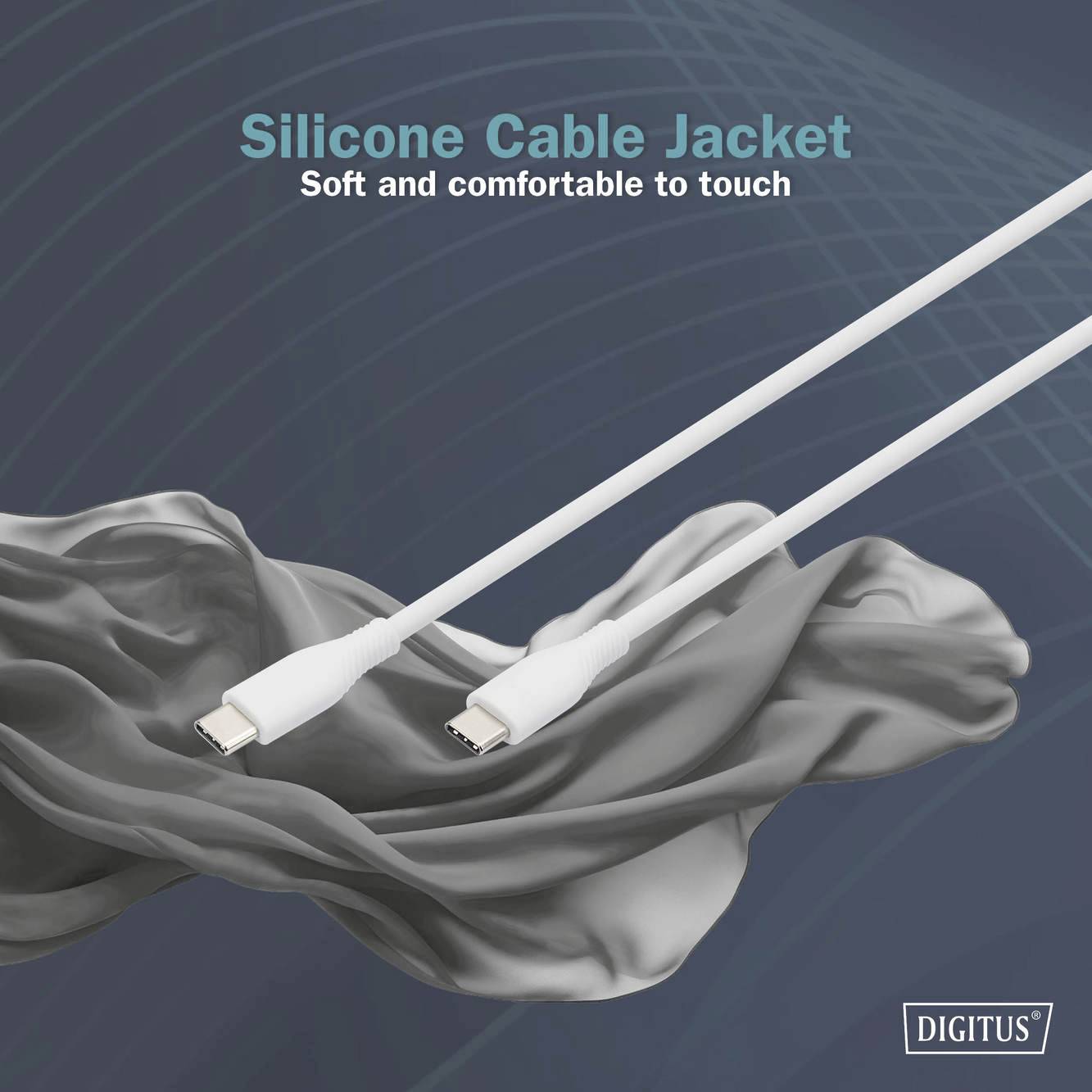 Zwei weiße Kabel mit USB-Anschlüssen schweben über einer grauen Stoffoberfläche. Text oben: 'Silicone Cable Jacket', 'Soft and comfortable to touch'. Logo: 'DIGITUS'.