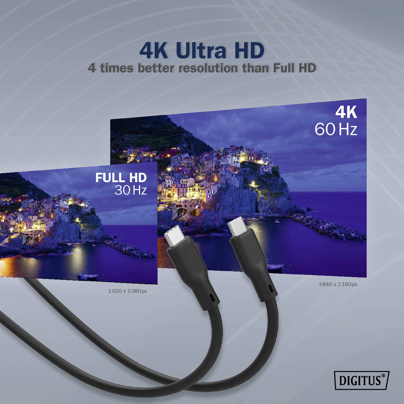 Vergleichsbild zwischen 4K und Full HD-Auflösung. 4K Ultra HD zeigt ein Detailreicheres Bild von einer Küstenstadt bei Nacht.