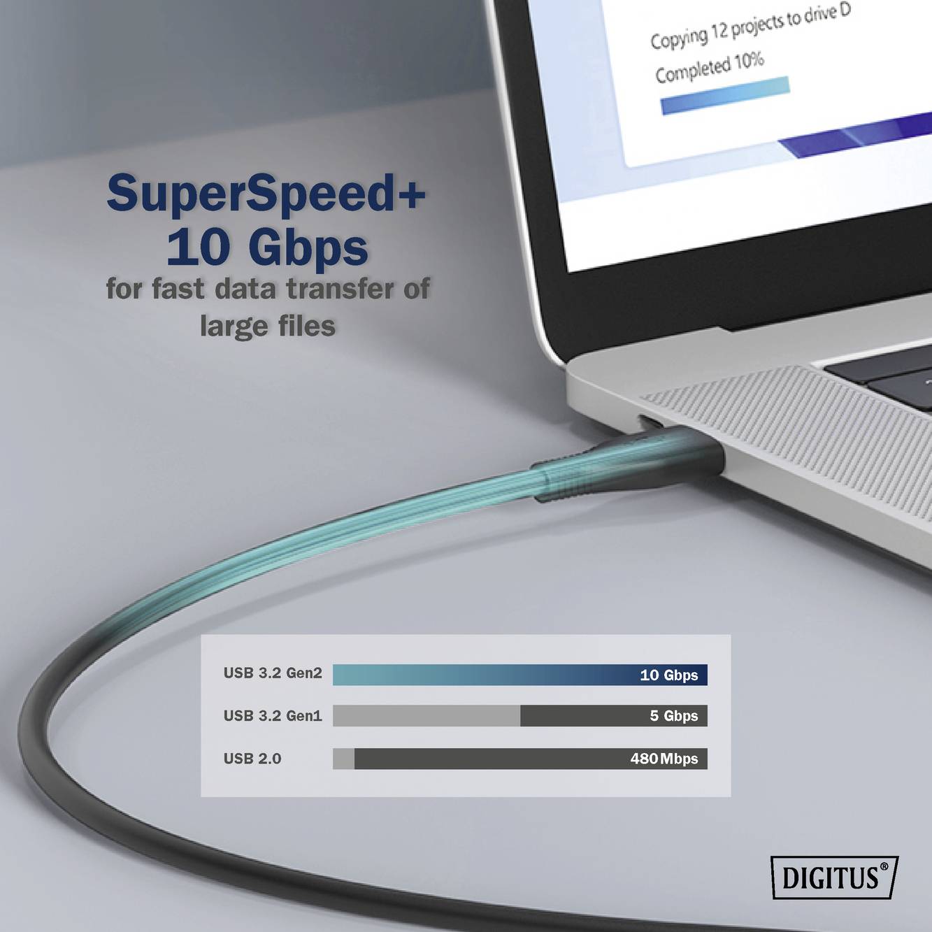 Ein Laptop zeigt eine Anzeige mit einer Datenübertragungsgeschwindigkeit von 10 Gbps. Text: 'SuperSpeed+ 10 Gbps'. Ein Kabel ist angeschlossen.