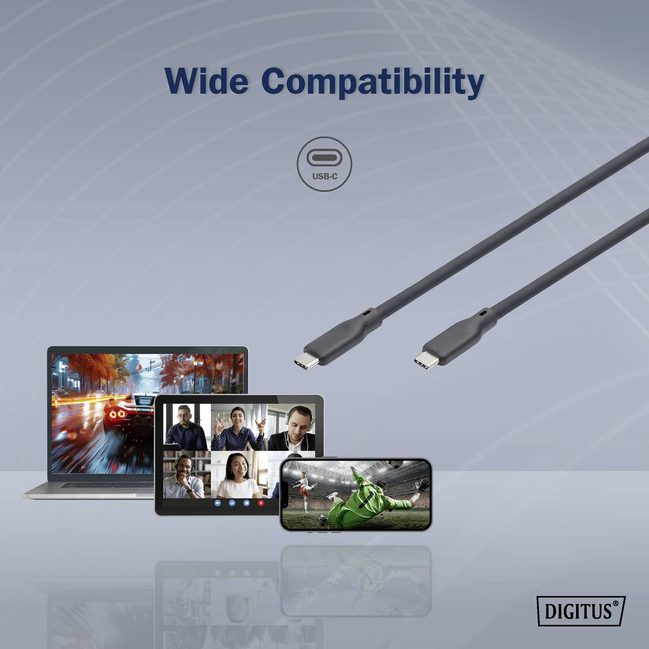 Ein USB-C-Kabel mit 'Wide Compatibility' Schriftzug. Dazu Bilder von einem Laptop, Tablet und Smartphone, die das Kabel nutzen.