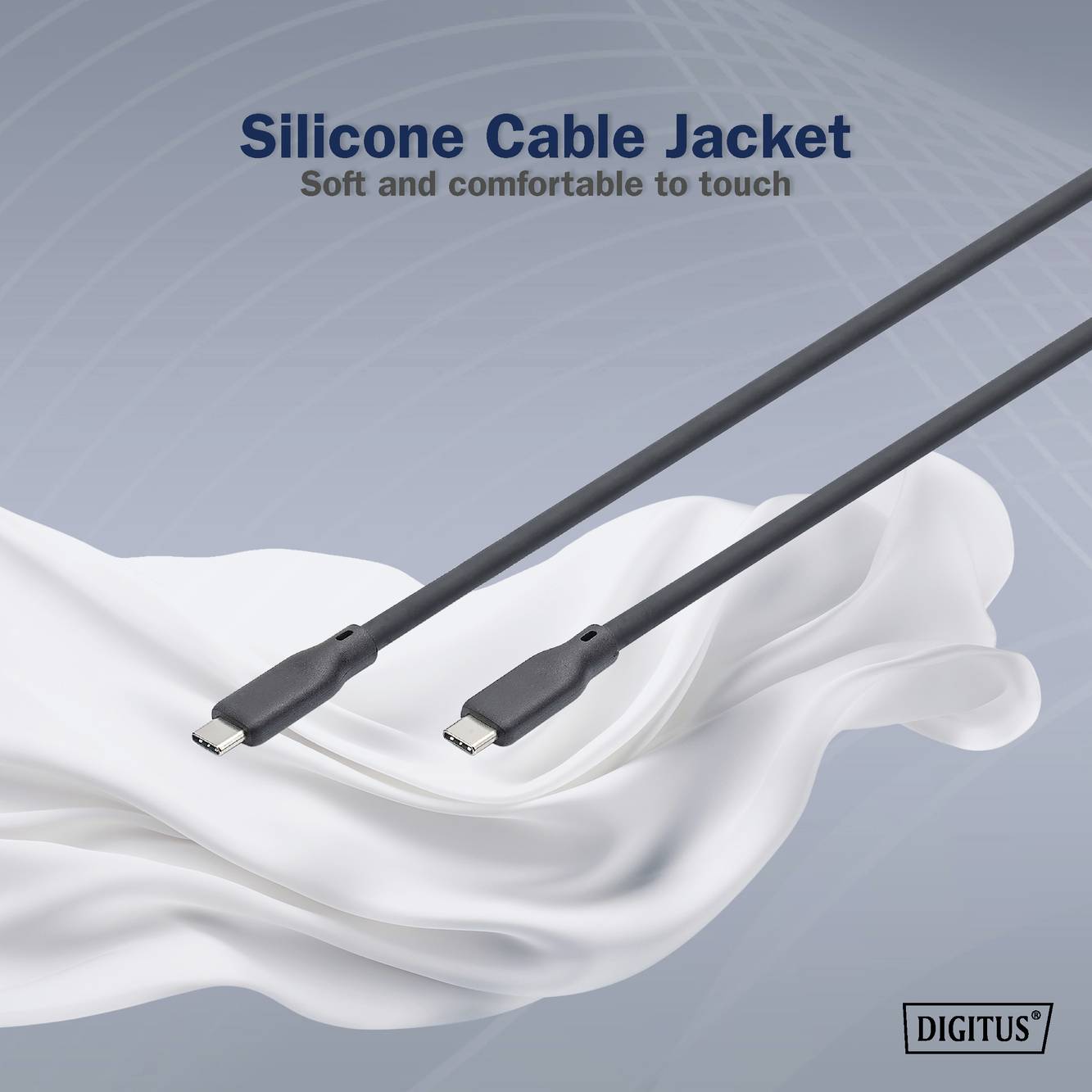 Das Bild zeigt ein USB-C-Kabel mit einer Silikonummantelung auf einem weißen, wellenförmigen Hintergrund. Oben steht der Text 'Silicone Cable Jacket – Soft and comfortable to touch'.