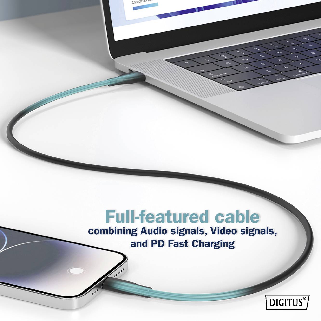 Ein Kabel verbindet ein Smartphone mit einem Laptop. Text im Bild: 'Full-featured cable combining Audio signals, Video signals, and PD Fast Charging'.