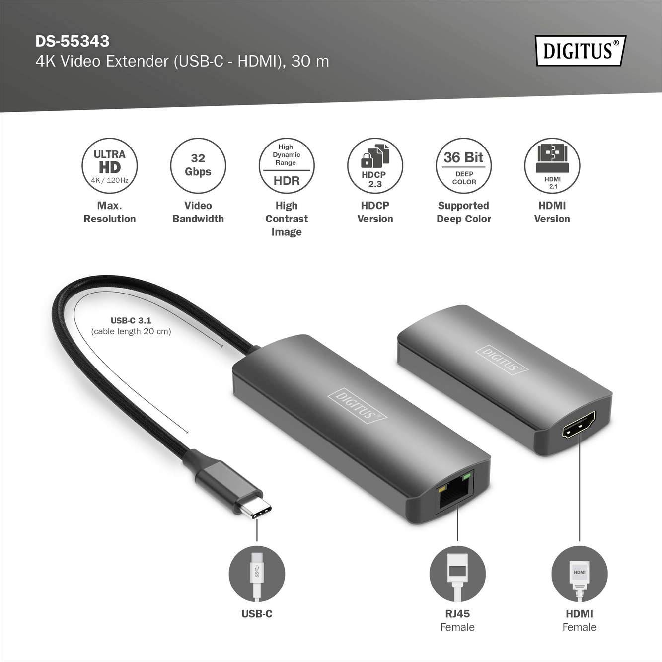 'DS-55343 4K Video Extender (USB-C - HDMI), 30 m' von DIGITUS. Funktionen: 4K Ultra HD, 32 Gbps, HDR Bild, HDCP 2.2, RJ45-Anschluss.