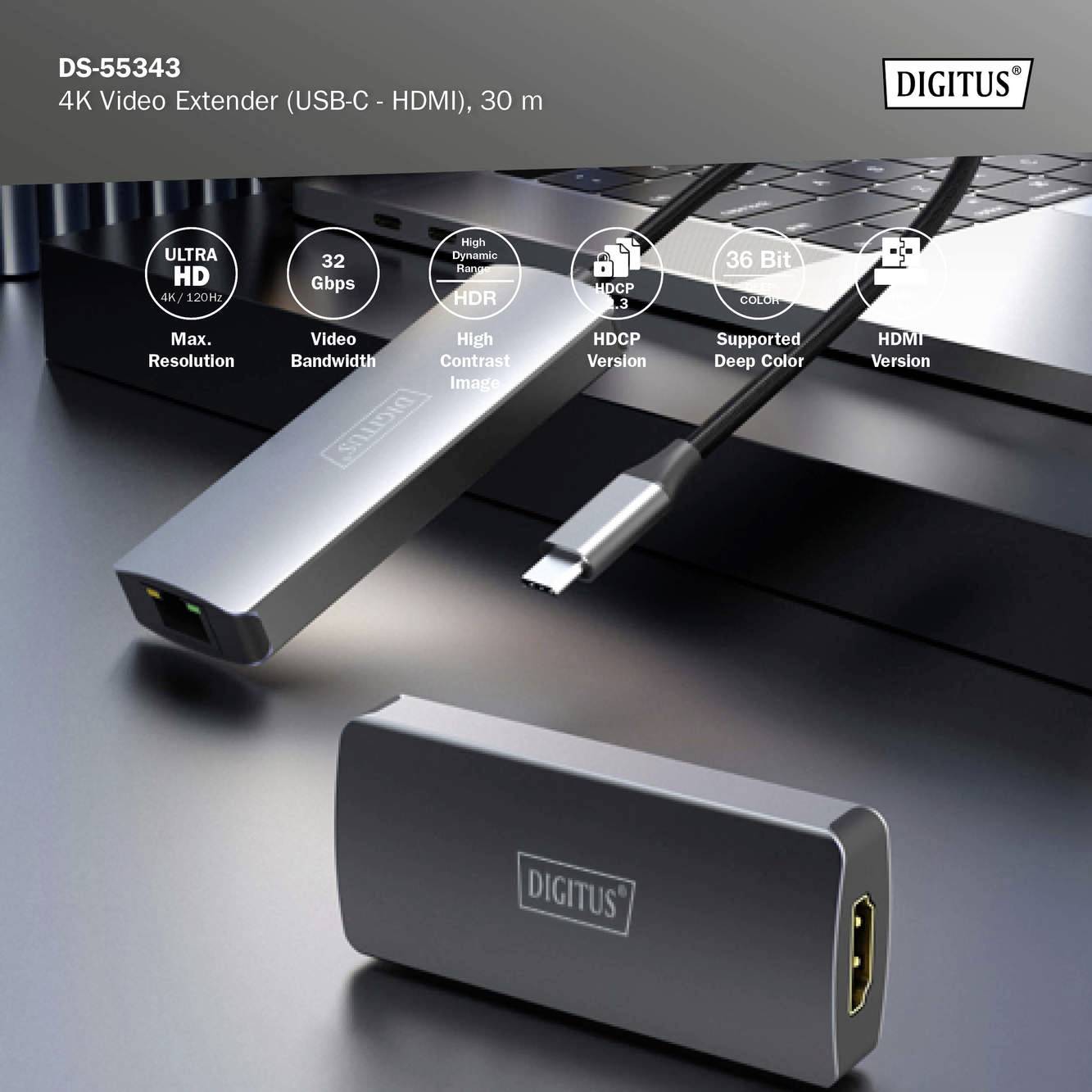 'Digitus DS-55343' 4K Video-Extender 30 m, unterstützt USB-C zu HDMI, Ultra HD, HDR, Deep Color. Anschlüsse und technische Details sichtbar.