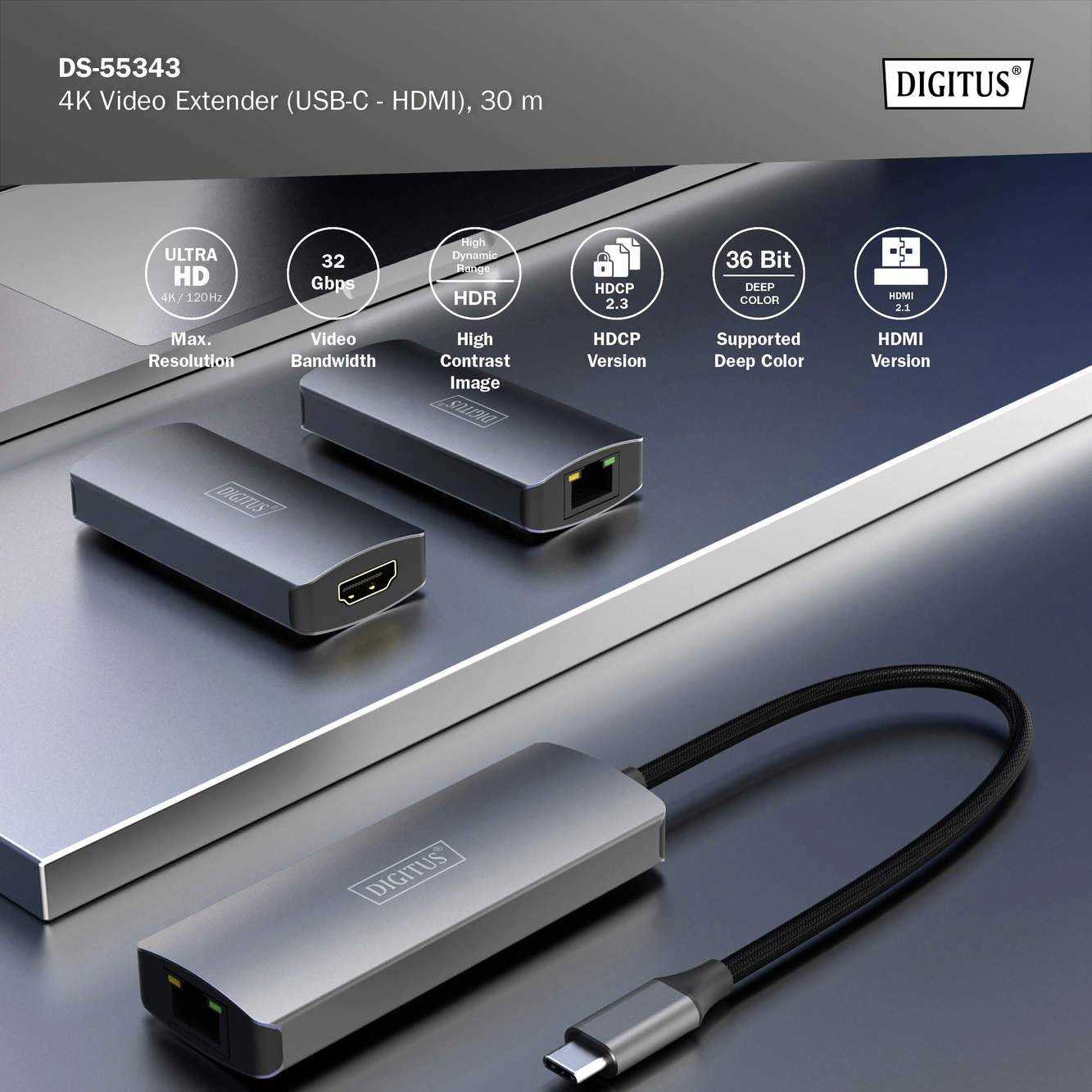Digitus DS-55343 4K Video Extender mit USB-C und HDMI-Anschluss. Unterstützt 36 Bit Tiefe, HDCP 2.3, HDR und HDMI.