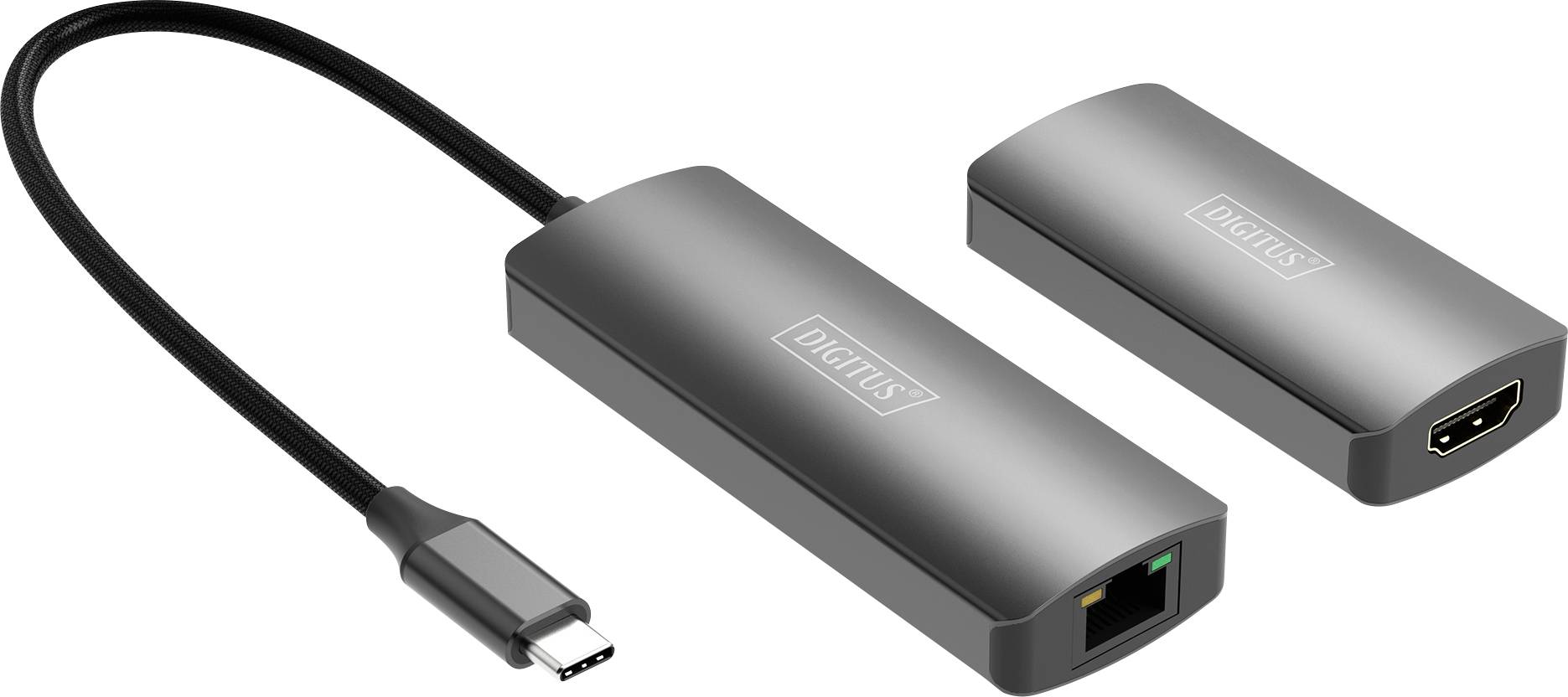 USB-C auf HDMI und Ethernet Adapter. Zeigt zwei Adapter: einer mit HDMI-Anschluss, der andere mit Ethernet-Port, beide mit USB-C-Stecker.