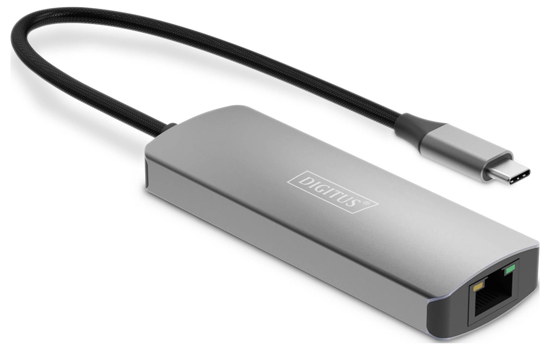 Ein silberner USB-C auf Ethernet-Adapter mit schwarzem Kabel und Ethernet-Anschluss für kabelgebundene Netzwerke.