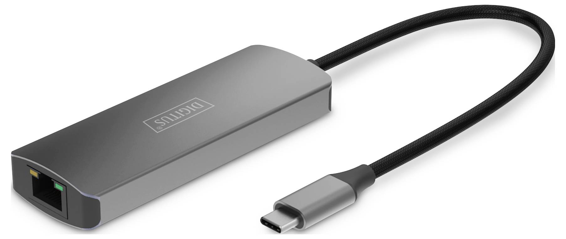 USB-C-auf-Ethernet-Adapter in Silber mit schwarzem Kabel, geeignet für die Verbindung eines Computers mit einem Netzwerk über Ethernet.