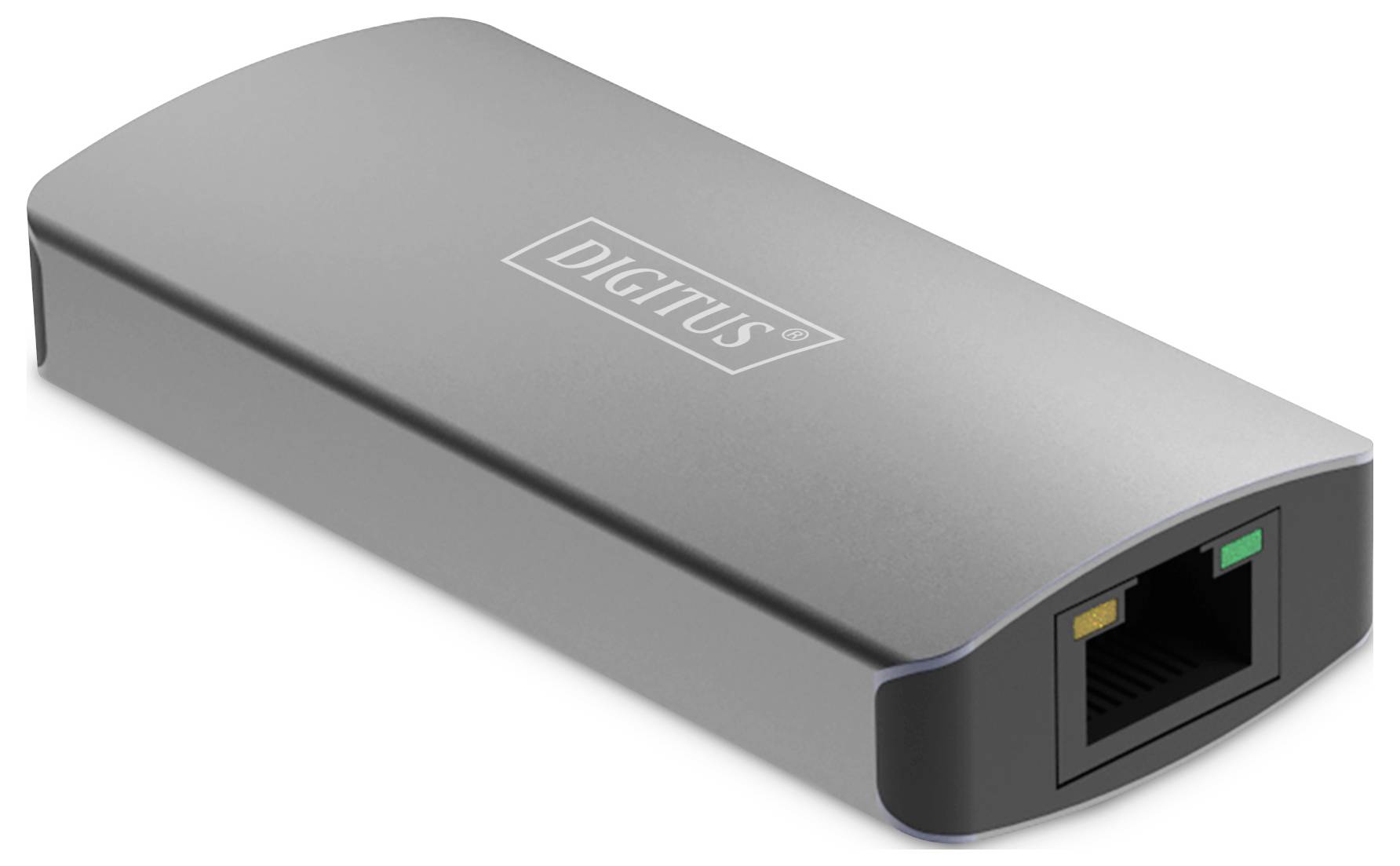 Ein graues Netzwerkgerät mit einem Ethernet-Port.