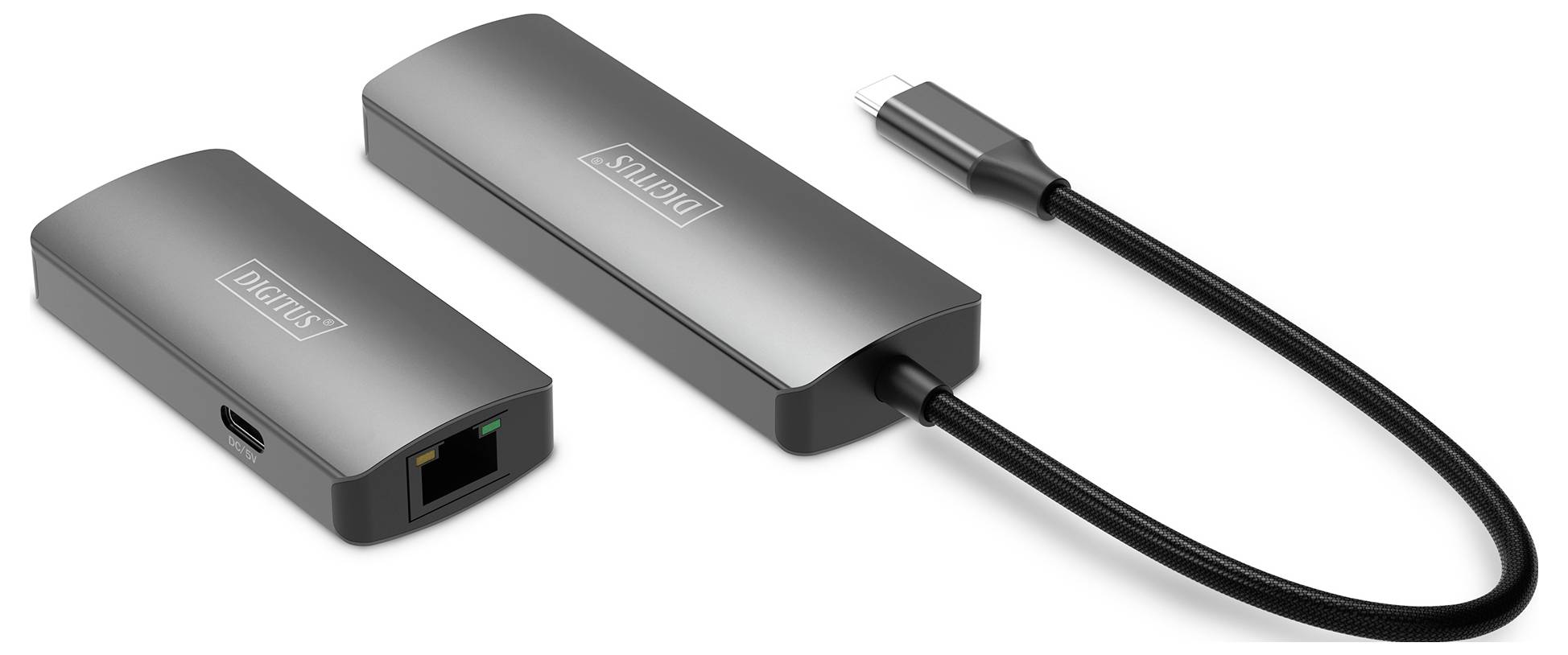 USB-C-Hub in Grau mit zwei Anschlüssen, darunter ein USB- und ein Ethernet-Port sowie ein USB-C-Kabel. Ideal für Laptops.