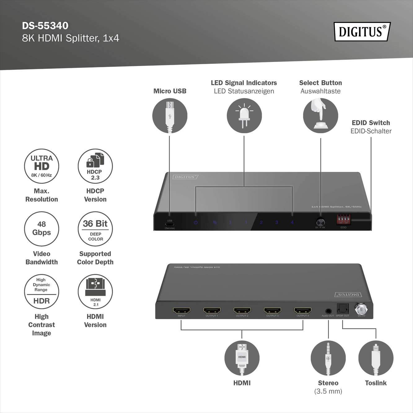 Digitus DS-55340 4 Port HDMI-Splitter einzeln schaltbar, LED-Anzeige, mit Status-LEDs, Ultra HD-fähig, zur internen Verwendung