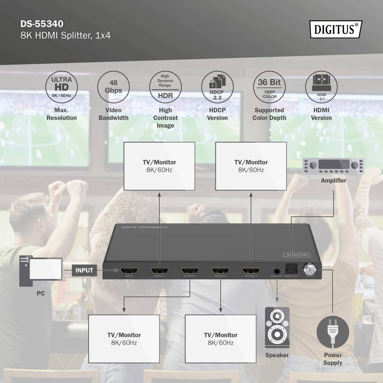 Digitus DS-55340 4 Port HDMI-Splitter einzeln schaltbar, LED-Anzeige, mit Status-LEDs, Ultra HD-fähig, zur internen Verwendung