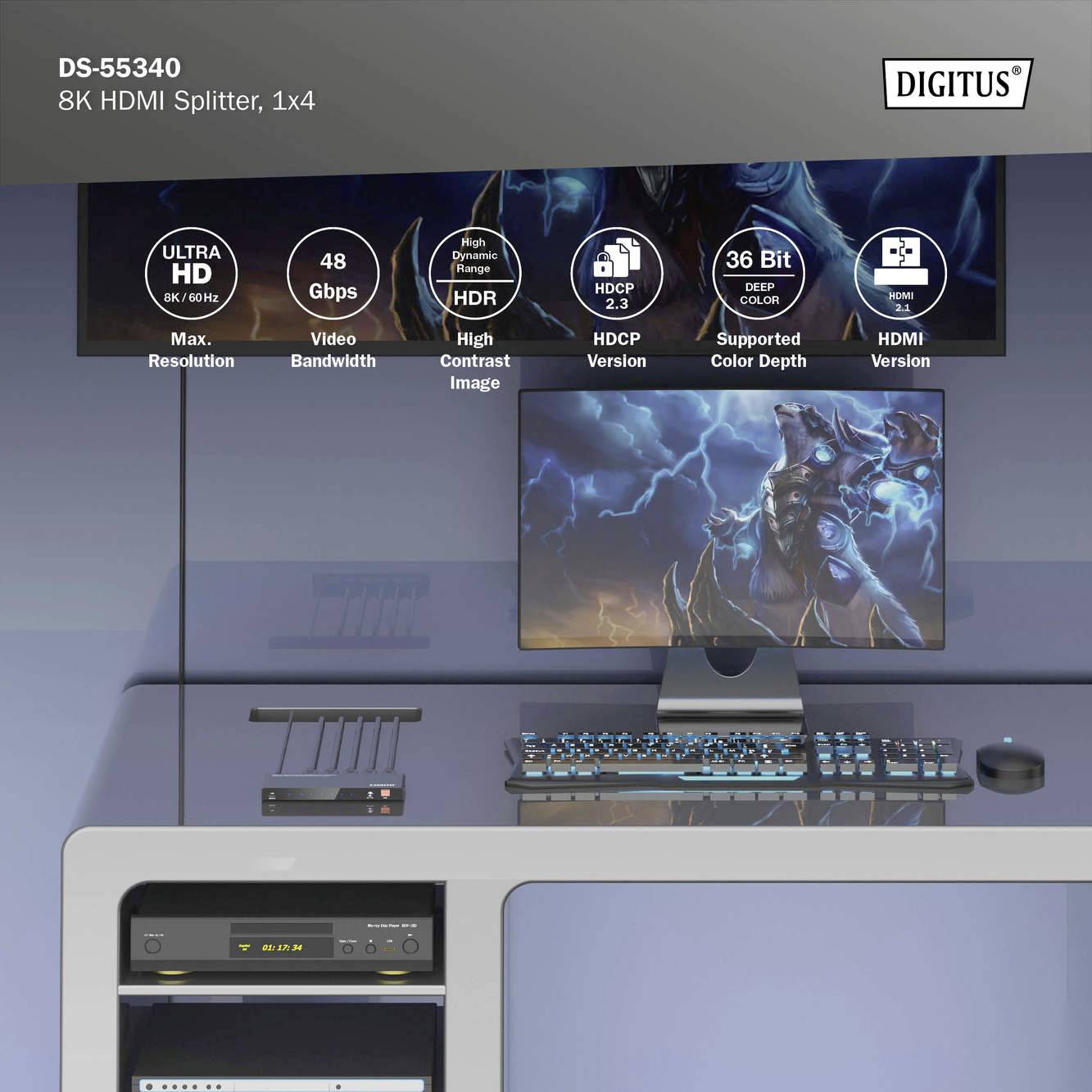 Digitus DS-55340 4 Port HDMI-Splitter einzeln schaltbar, LED-Anzeige, mit Status-LEDs, Ultra HD-fähig, zur internen Verwendung