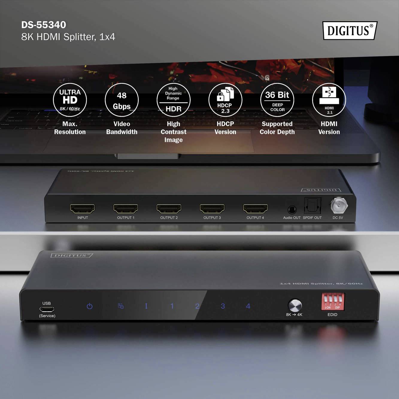 Digitus DS-55340 4 Port HDMI-Splitter einzeln schaltbar, LED-Anzeige, mit Status-LEDs, Ultra HD-fähig, zur internen Verwendung